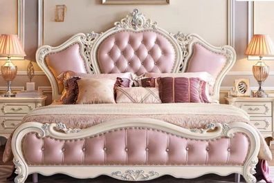 Weißes Holz Schlafzimmer Set mit elegantem Bett klassischen 2x Nachttische