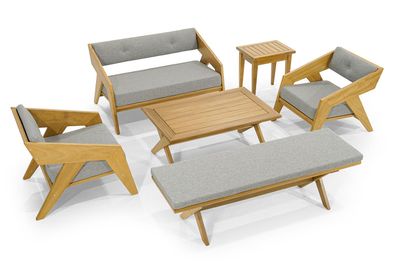 Stilvolle Hellgraue Gartenmöbel Designer Sitzbank Beistelltisch 2 Sessel