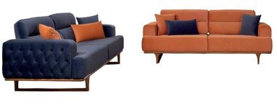 Exklusive Polstergarnitur Blauer Chesterfield 3-Sitzer Textilsofa