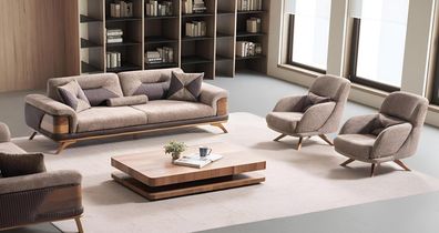 Beige Wohnzimmer Sofagarnitur Textil 3-Sitzer Designer Polstersessel