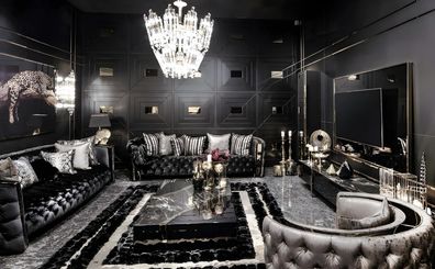 Schwarze Chesterfield Wohnzimmer Garnitur Designer 4-Sitzer Tisch