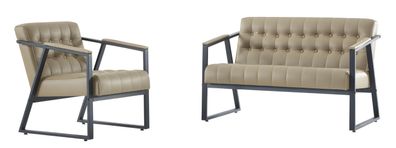 Moderne Beige Sitzgarnitur Edler 3-Sitzer 2x Ledersessel Sitz-Set