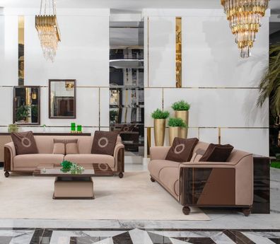 Braun-Beige Wohnzimmer Textilgarnitur Designer Holz Beistelltische