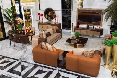 Braun-Beige Wohnzimmer Garnitur Designer Sofas Couchtisch TV-Board