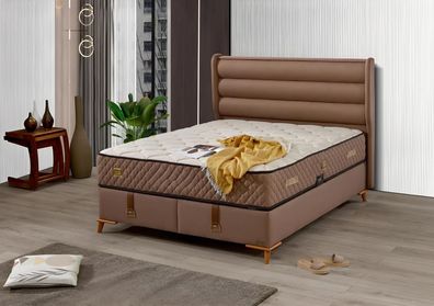 Hochwertiges braunes Holz-Textil Bett mit Matratze im eleganten Stil