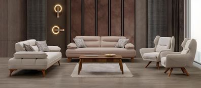 Moderne beige Stoff-Sofagarnitur aus Holz mit stilvollem Design