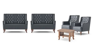 Sitzmöbel Schwarz Set 2-Sitzer Sessel Couchtisch Chesterfield Komplett