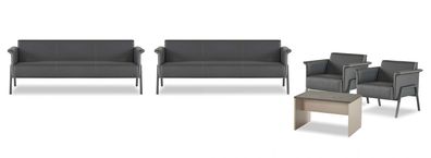 Graues Arbeitszimmer Set 2x Leder 3-Sitzer Moderner Büro Beistelltisch