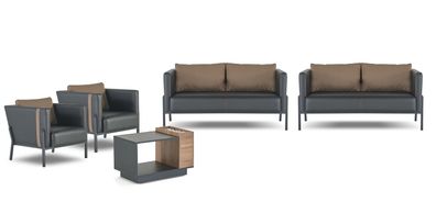 Schwarz-Braune Arbeitszimmer Sitzgarnitur Designer Sessel 2-Sitzer Tisch