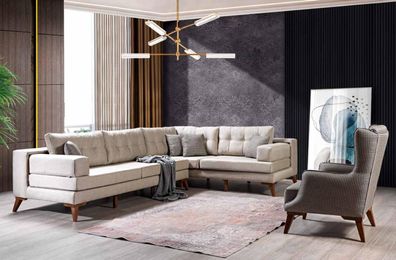 Beige Wohnzimmer Garnitur Designer Ecksofa Luxuriöser Sessel 2tlg Set