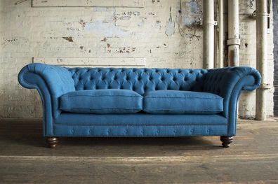 XXL Sofa 3 Sitzer Couch Chesterfield Polster Sitz Garnitur Leder Textil Blau Neu