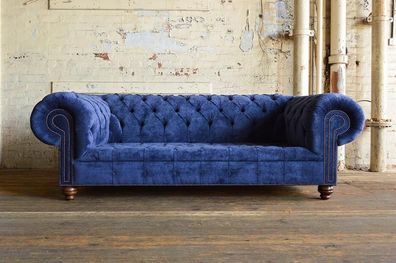 Luxus Klasse Chesterfield Blaue Textil Stoff Sofa Couch Sofas Couchen Polster