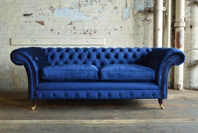 XXL Big Sofa 3 Sitzer Couch Chesterfield Polster Sitz Garnitur Leder Textil Blau