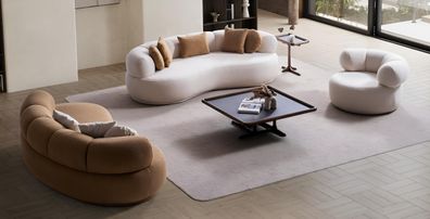 Braun-Weiße Wohnzimmer Couchgarnitur Textilsessel 2x Dreisitzer