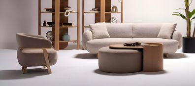 Moderne Beige Wohnzimmer Sitzgarnitur Polster 3-Sitzer Textilsessel