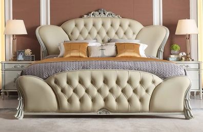 Luxuriöses Chesterfield Bett Beiges Kunstleder Bett Massivholz Bett