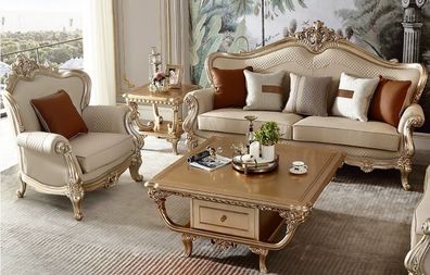 Luxuriöse Klassische Wohnzimmer Sitzgarnitur 3-Sitzer Holztisch