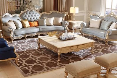 Klassische Blau-Beige Wohnzimmer Sitzgarnitur Chesterfield Sofas