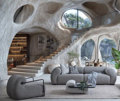 Moderne Graue Sitzgarnitur 4-Sitzer Polstersessel Holz Couchtisch