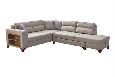 Massives Ecksofa mit eingebauten Regalen in zartem Cremefarbton