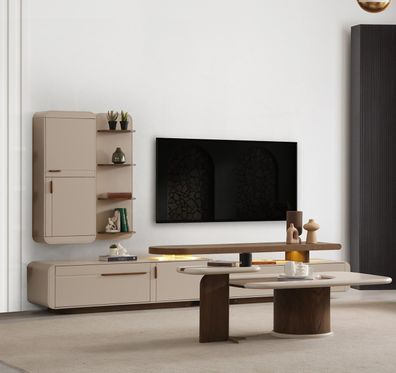 Beige Wohnzimmer Garnitur Designer TV-Lowboard Holz Wandschränke
