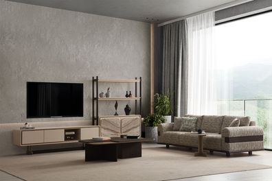 Beige Wohnzimmer Sitzgarnitur TV-Ständer Couchtisch Polstersofa