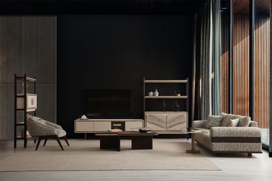 Komplettes Wohnzimmer-Set Polstersofa Textilsessel Holz TV-Board