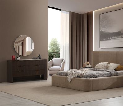 Schlafzimmer-Set Beiges Polsterbett Brauner Schminktisch Spiegel