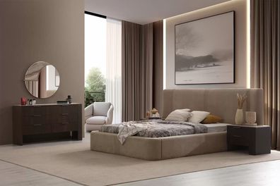 Beige-Braunes Schlafzimmer Set Textilbett Schminktisch Nachttische