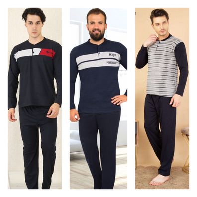 Herren Pyjama Schlafanzug Baumwolle Lang 2-Teiler Set R-89