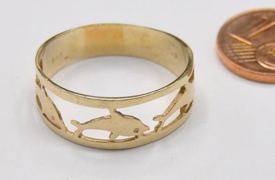 Herren Bandring Band Ring groß ohne Stein Delphin Delfin Handarbeit 585 Gold