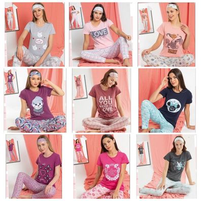 Damen Pyjama Schlafanzug Kurz 3-Teiler Set mit Augenband S-82
