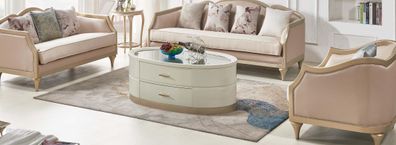 Creme Couchtisch Ovaler Wohnzimmer Tisch Glastisch Holz Luxus Couchtische Möbel