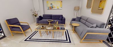 Blau-Graue Sitzgarnitur Moderne Couchen Designer 3-Sitzer Luxus Sessel