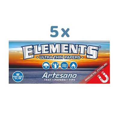 Elements Ultra Thin Artesano King Size Slim Papers 5x 32 Blatt + 34 Tips + Tray
