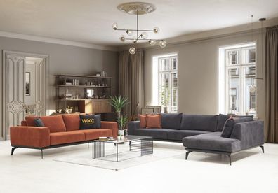 Graues Polster Ecksofa Designer Dreisitzer Stoffcouchen Wohnzimmer Set