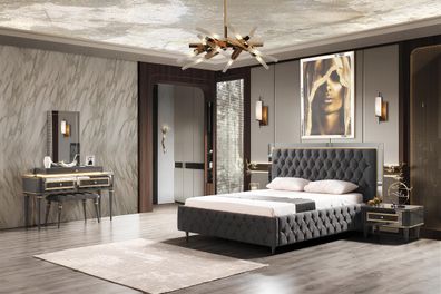 Luxus Chesterfield Bett mit Edelstahl Rahmen Edle Betten Schwarze Textil