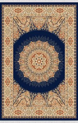 Teppich Vintage Kurzflor Bordüre Ornament Wohnzimmerteppich Blau Beige