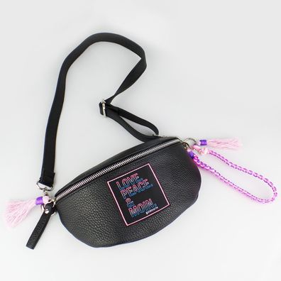 Love Peace Moin Hipbag Leder Tasche schwarz goldmarie Gürteltasche Neonschrift-Label