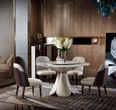Esstisch 6x Stühle Esszimmer Leder Tisch Stuhl Rund Modern Design Möbel Luxus