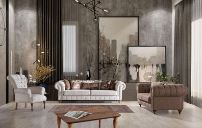 Weiß-Braune Chesterfield Sitzgruppe Designer Sofas Luxus Garnitur 3 + 2 + 1