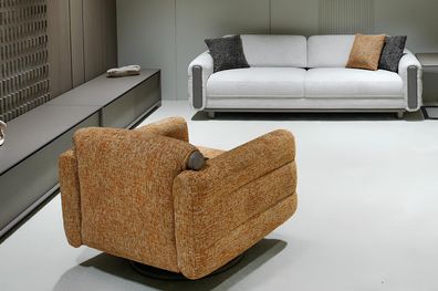 Designer Sitzgarnitur Weißes Stoffsofa Brauner Textilsessel 2tlg