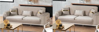 Stilvolle Beige Polstergarnitur Designer Dreisitzer Stoffsofas Couch
