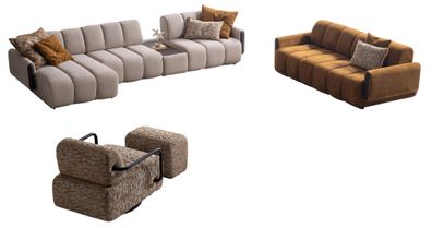Stilvolle Wohnzimmer Sitzgarnitur Polster L-Form Couch Hocker Sessel