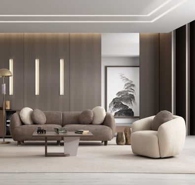 Braun-Weiße Sitzgarnitur Designer 3-Sitzer Weißer Relaxsessel 2tlg