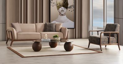 Braune Wohnzimmer Couchgarnitur Stilvoller 3-Sitzer Textilsessel