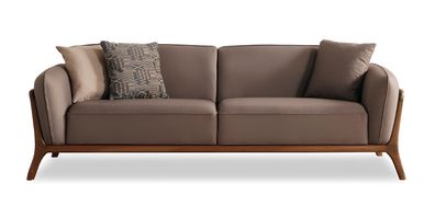 Designer Braunes 3-Sitzer Sofas Wohnzimmer Stoffcouch Holzgestell