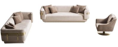 Elegante Wohnzimmer Couchgarnitur Beiger 4-Sitzer 3-er Textilsessel