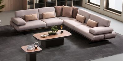 Stilvolles Beiges Ecksofa Designer Couchtisch L-Form Holzgestell