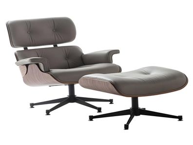 Graue Sitzgarnitur Designer Ledersessel Exklusiver Fußhocker 2tlg